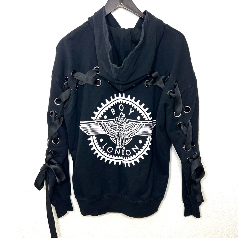Boy London Eagle Oversized Pullover Hoodie Lace Up Sleeves Black Size Large XS